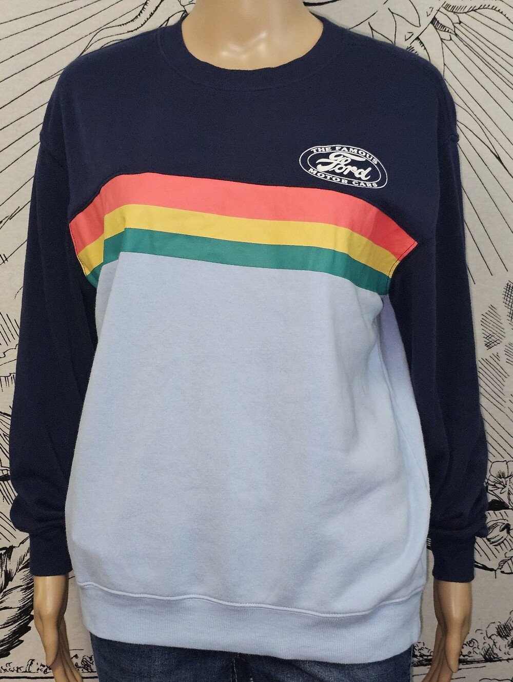 Ford Colorblock Crewneck Sweater in Navy, Light Blue & Multicolor Stripes Small